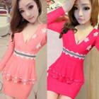 Ruffle V-neck Long-sleeve Sheath Dress