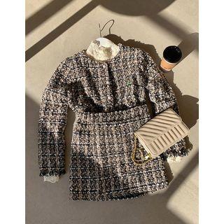 Set: Checked Cropped Tweed Cardigan + Miniskirt