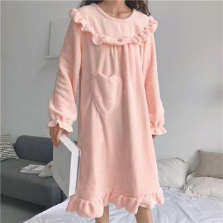 Oversized Fleece Ruffle Long-sleeve Sleep Dress