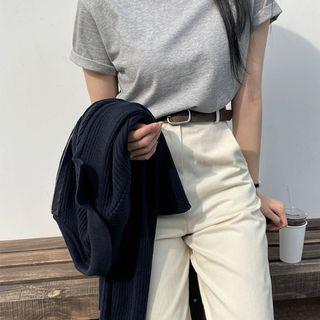 Round-neck Plain T-shirt Gray - One Size