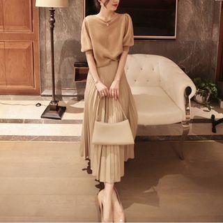 Set: Lantern Sleeve Plain Knit Top + Pleated Midi A-line Skirt
