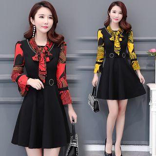 Floral Long-sleeve Panel A-line Chiffon Dress