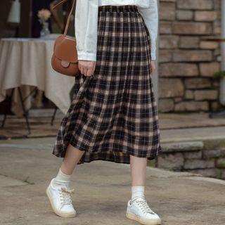 Plaid Midi A-line Skirt / Knit Vest