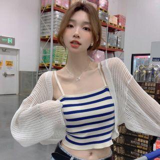 Striped Knit Camisole Top / Pointelle Cropped Cardigan