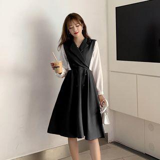 Long-sleeve Paneled Double-breasted Midi A-line Dress