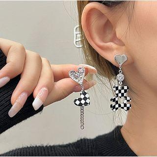 Asymmetrical Checkerboard Drop Earring Stud Earring - 1 Pair - Check - Black & White - One Size