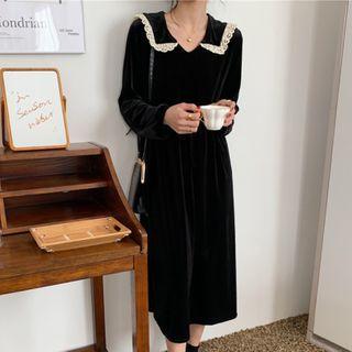Peter Pan Collar Long-sleeve Velvet Dress Black - One Size