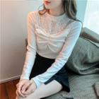 Mock Two-piece Long-sleeve Lace Panel Ruched Top