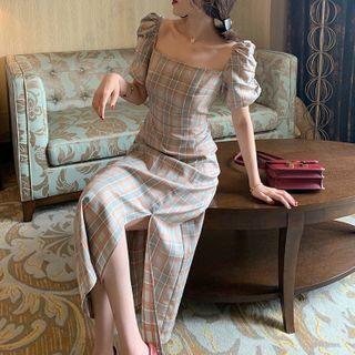 Plaid Puff-sleeve Slit Maxi A-line Dress