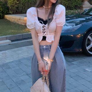 Set Of 2: Balloon-sleeve Drawstring Top + Lace Camisole
