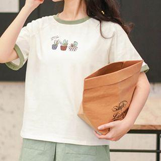 Short-sleeve Contrast Trim Cartoon T-shirt White - One Size
