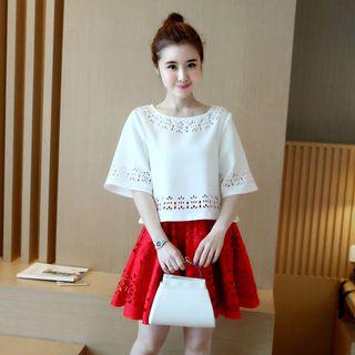 Set: Laser Cut Elbow-sleeve Top + A-line Skirt