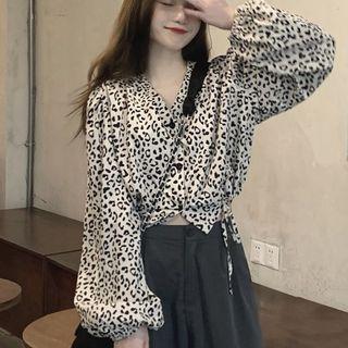 V-neck Leopard Print Cropped Blouse Leopard - One Size