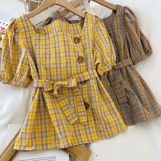 Plaid Single-breasted Tie-waist Short-sleeve Blouse