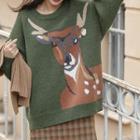 Deer Print Sweater Green - One Size