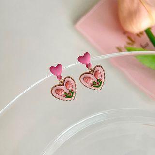 Heart Flower Sterling Silver Dangle Earring 1 Pair - Silver Stud - Pink - One Size