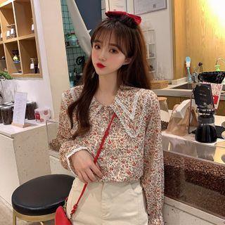 Floral Peter Pan Collar Long-sleeve Chiffon Blouse As Shown In Figure - One Size