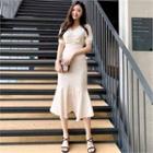 Shirred-front Ruffle-hem Dress Cream - One Size