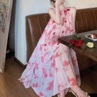 Halter-neck Floral Print Midi A-line Dress Tie-dye - Red - M