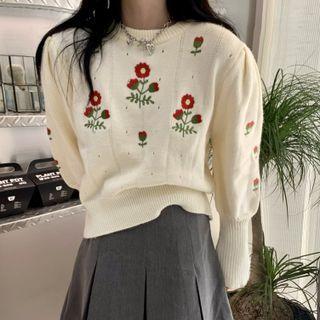 Long-sleeve Round Neck Embroidered Loose Fit Sweater Almond - One Size