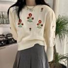 Long-sleeve Round Neck Embroidered Loose Fit Sweater Almond - One Size
