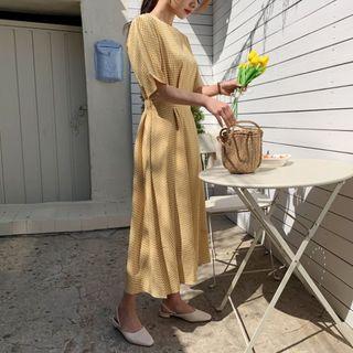 Band-waist Gingham A-line Dress Yellow - One Size