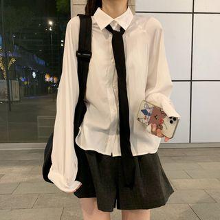 Long-sleeve Tie-neck Shirt With Tie - Shirt - One Size