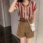 Color-block Cropped Knit Cardigan / High-waist Shorts With Belt
