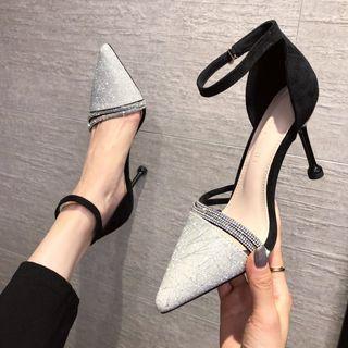 Pointed Rhinestone Ankle Strap Flared Heel Dorsay Pumps