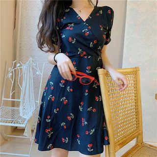 Cherry Print Short-sleeve Dress As Shown In Figure - One Size
