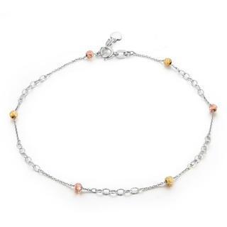 14k Tri-color White Yellow Rose Gold Station Bead Anklet (23cm)