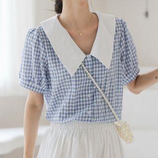 Contrast Collar Gingham Blouse Blue - One Size
