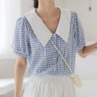 Contrast Collar Gingham Blouse Blue - One Size