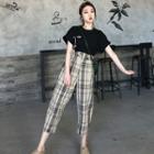 Set: Short-sleeve Printed T-shirt + Cropped Plaid Pants