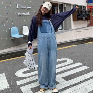 Color Block Wide-leg Denim Dungaree