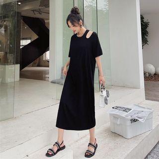 Short-sleeve Cutout Plain Loose-fit Midi Dress
