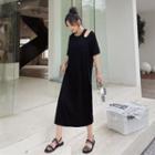 Short-sleeve Cutout Plain Loose-fit Midi Dress