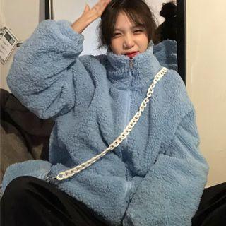 Stand-collar Fleece Jacket With Crossbody Bag Blue - One Size