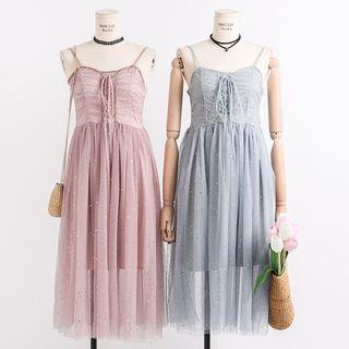 Sleeveless Sequined Lace-up Mesh Dress