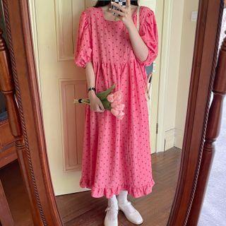 Elbow-sleeve Heart Embroidered Midi A-line Dress