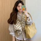 Checkerboard Button-up Knit Vest / Striped Shirt