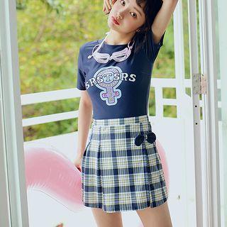Set: Short-sleeve Swim Top + Plaid Bottom + Skirt