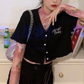 Short-sleeve Lettering Print Buttoned Knit Top / Long-sleeve Mesh Top