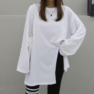 Round-neck Slit-hem Boxy T-shirt