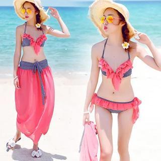 Set: Frill-trim Halter Bikini + Bottom + Cover-up (3 Pieces)