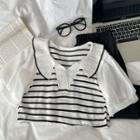 Short-sleeve Striped Knit Panel Crop Top Stripe - White - One Size