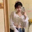 Long-sleeve Shirred Floral Print Drawstring Crop Top
