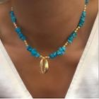 Shell Alloy Pendant Gemstone Necklace 1pc - Blue & Gold - One Size