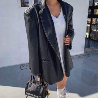 Stitched Faux-leather Oversized Jacket Black - One Size