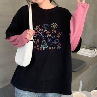 Long-sleeve Cartoon Print Mock Two-piece T-shirt